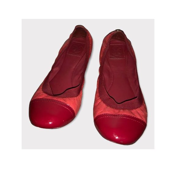 Tory Burch Red Patent Leather Two Tone Cap Toe Ballet Flats Size 8.5 - Picture 1 of 10
